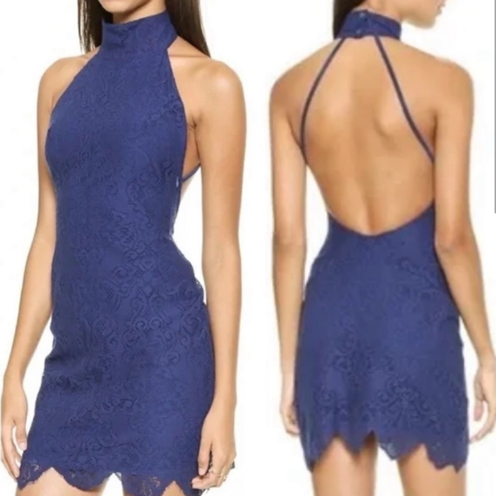 FOR LOVE & LEMONS Blue Lace Crochet High Neck Formal Dress